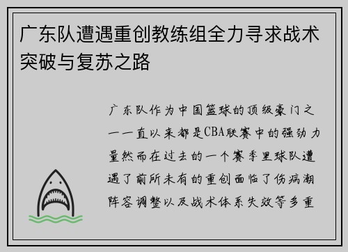 广东队遭遇重创教练组全力寻求战术突破与复苏之路