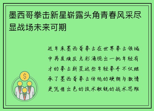 墨西哥拳击新星崭露头角青春风采尽显战场未来可期
