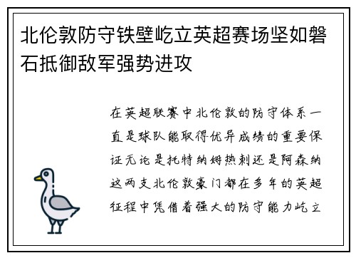 北伦敦防守铁壁屹立英超赛场坚如磐石抵御敌军强势进攻