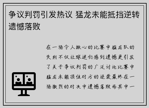 争议判罚引发热议 猛龙未能抵挡逆转遗憾落败